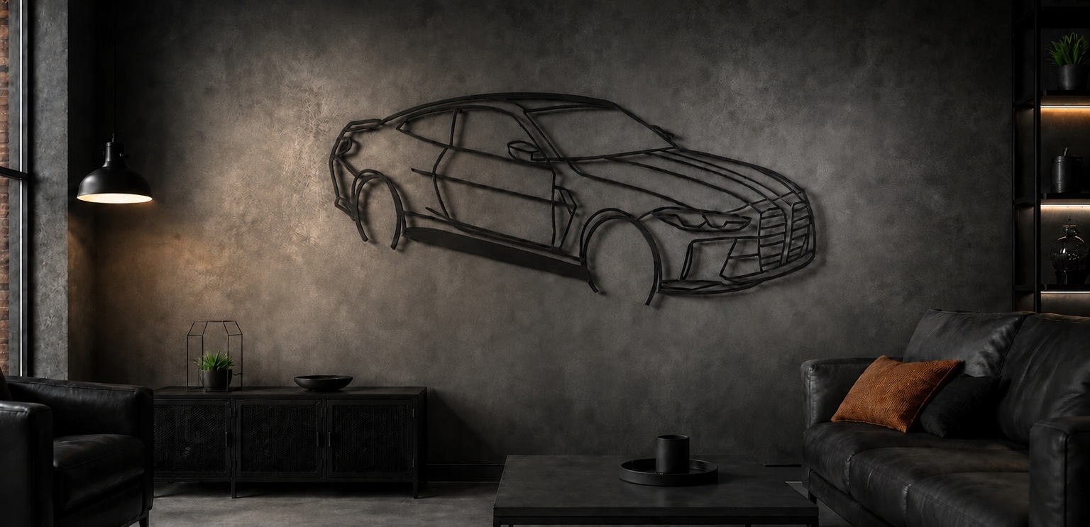 Aus dem BMW-Foto gefertigte schwarze Steelbull-Metallsilhouette im Wohnraum